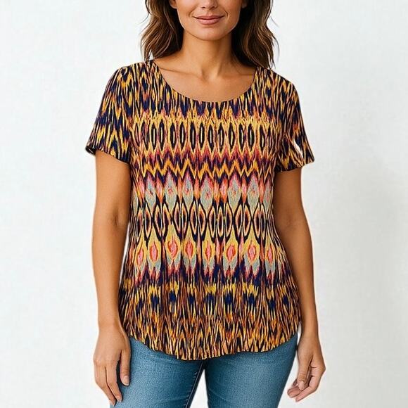 2/$30 Chico's 2 Beaded Sublimation Top Multicolor Ikat Short Sleeve Size L - Picture 1 of 11